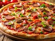 © Autun - High-detail close-up: a delicious pizza bursting with sausage, bacon, and pepperoni.