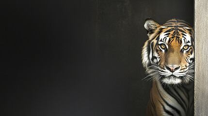 Wall Mural - tiger peeking from behind wall with curious expression