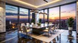 © prapatsorn - Silhouette Photography: Modern Dining Room with Cityscape View - Black Marble Table, White Leather Chairs