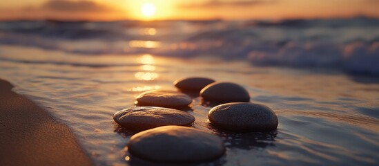 Wall Mural - serene sunset over shimmering water with smooth stones arranged along the beach, warm golden and ora