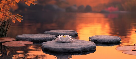 Wall Mural - tranquil lake at sunset featuring smooth stones and a white waterlily reflecting orange and purple h