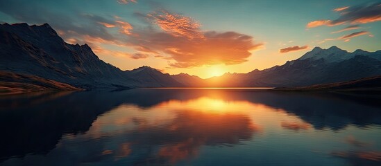 Wall Mural - sunset over tranquil lake with vibrant orange and pink hues reflecting on water, surrounded by majes