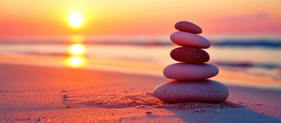 Wall Mural - serene sunset over a tranquil beach with balanced stones in the foreground, warm orange and purple h