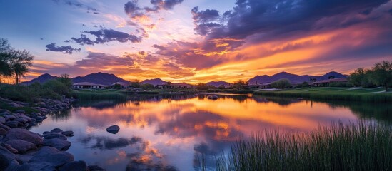 Wall Mural - vibrant sunset reflecting on calm water with mountains in the background and lush greenery in the fo