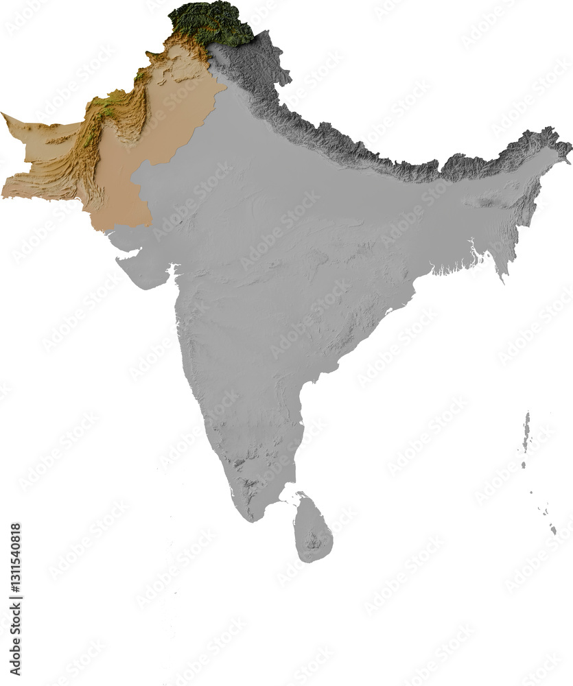 Pakistan Continet Colored terrain map of the South Asian Sub-Continent highlighting ...