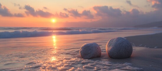 Wall Mural - serene sunset over a calm beach with soft waves gently lapping at smooth round stones positioned in 