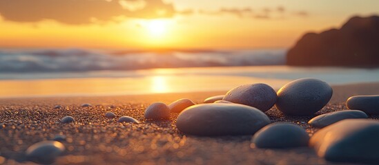 Wall Mural - serene beach at sunset featuring smooth zen stones in the foreground with golden and orange hues in 