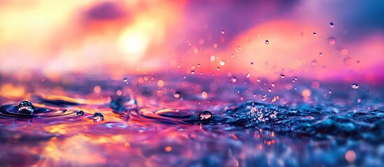 Wall Mural - water droplets ripple on a reflective surface at sunset with vibrant purple and orange hues in the b