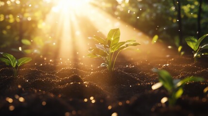 Poster - A beautiful sunrise illuminating a newly planted forest area, with rays of sunlight shining through the leaves, representing hope and renewal in nature.