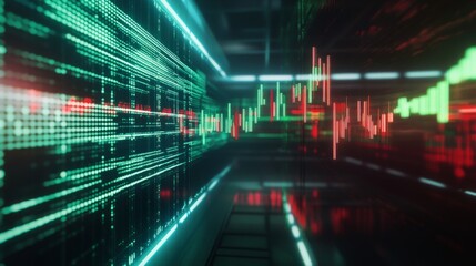 Aufkleber - A financial chart displaying stock market trends on a computer screen, with green and red candlesticks, highlighting a bullish market surge.