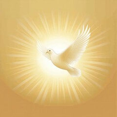 Poster - Symbolic representation of peace with a white dove soaring against a glowing sun in soft golden hues at dawn