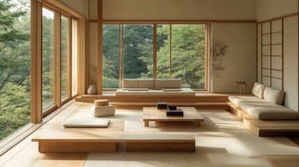Aufkleber - A serene Muji-inspired living room featuring a minimalist design with natural wood furniture, neutral tones, and large windows that let in ample natural light, creating a peaceful retreat.