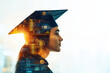 © Nart - A confident university graduate gazes into the distance amidst floating gold coins. The artistic double exposure illustrates an ambitious journey from education to a thriving financial career.