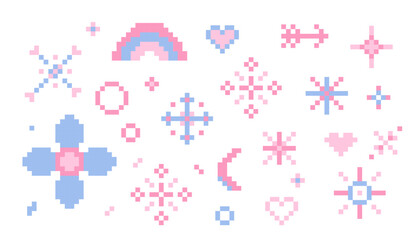 Wall Mural - pixel star sparkle cute retro 8 bit sparkle set. shiny pink game pixel art effect set. firework burs