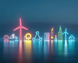 Wall Mural - a futuristic skyline illuminated with sustainable energy icons.