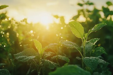 Aufkleber - Morning dew glistens on green leaves in a vast agricultural field under a bright sunrise in rural landscape