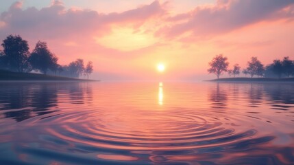 Aufkleber - Beautiful sunset over a tranquil lake reflecting vibrant colors with gentle ripples and silhouette trees in the distance