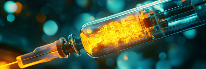 Wall Mural - a close-up of a futuristic syringe with glowing liquid inside -