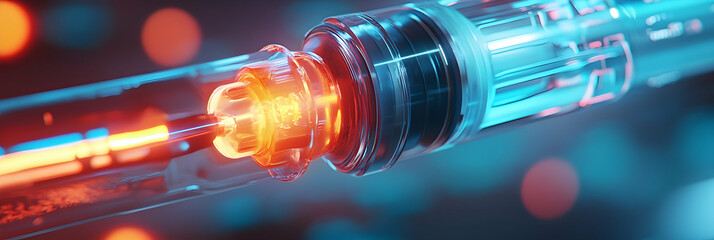 Wall Mural - a close-up of a futuristic syringe with glowing liquid inside -