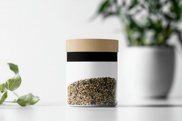 Poster - Elegant minimalist spice jar showcasing simple black and white design with herbal branding on a modern kitchen countertop surrounded by greenery