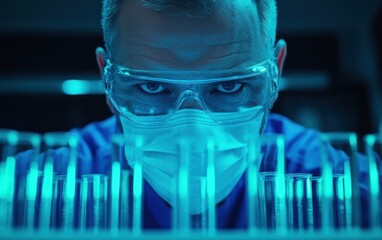 Poster - Intense Scientist Examining Lab Samples Under Blue Light in a Modern Laboratory Setting