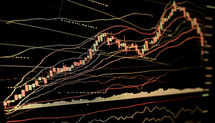 Wall Mural - a close-up of a stock market chart with bollinger bands and rsi indicators -