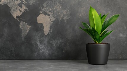 Aufkleber - Modern Indoor Plant Near World Map on Dark Wall with Stylish Planter and Elegant Design