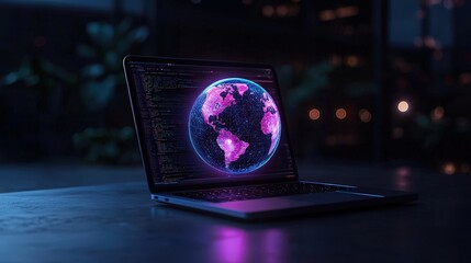 global network displayed on laptop screen at night.