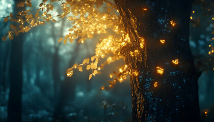 Wall Mural - a close-up of a tree with glowing leaves in a magical forest -