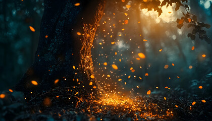 Wall Mural - a close-up of a tree with glowing leaves in a magical forest -