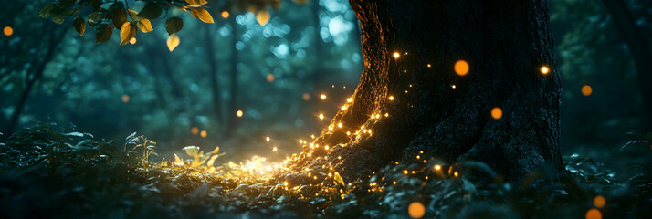 Wall Mural - a close-up of a tree with glowing leaves in a magical forest -