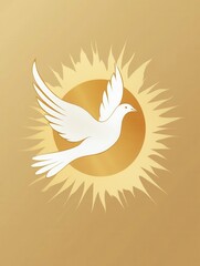 Poster - White dove in flight against a glowing sun with soft golden hues symbolizing peace and hope