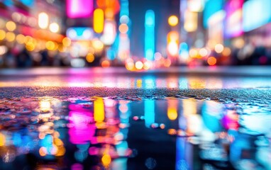 Aufkleber - Vibrant Reflections of City Lights on Wet Surface in Urban Night Scene with Bokeh Effect