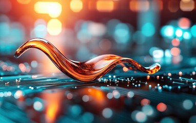 Aufkleber - Abstract Flowing Orange Wave Over Digital Background with Bokeh Effect and Circuit Patterns