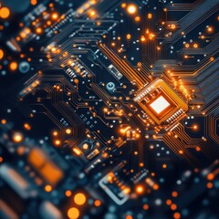 Leinwandbilder - Abstract Close-Up of a Circuit Board with Bright Orange Lights and Detailed Connections