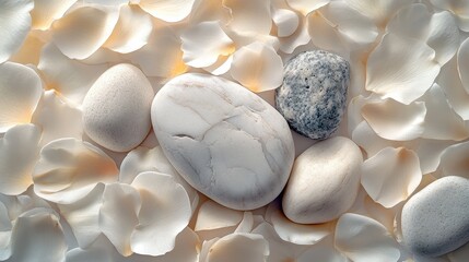 Fototapete - Natural decorative arrangement of smooth stones and delicate flower petals on a soft surface displaying tranquility and harmony in a serene setting