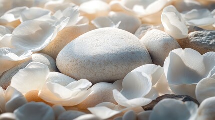 Aufkleber - Natural decorative arrangement of smooth stones and delicate flower petals on a soft surface displaying tranquility and harmony in a serene setting