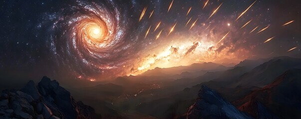 Wall Mural - Cosmic landscape with a spiral galaxy and shooting stars