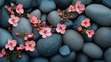 Aufkleber - Colorful pink flowers placed on smooth pebbles create a serene and tranquil natural aesthetic in a decorative arrangement