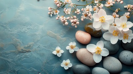 Aufkleber - Colorful pink flowers placed on smooth pebbles create a serene and tranquil natural aesthetic in a decorative arrangement