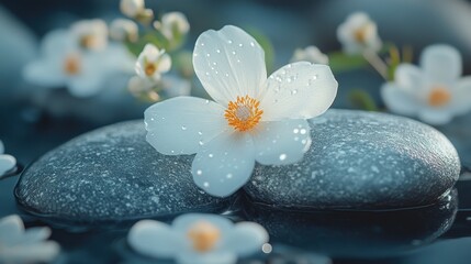 Aufkleber - Delicate pink flower resting on a smooth black stone surrounded by vibrant petals in a serene water setting