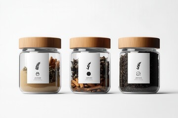 Poster - Elegant minimalist spice jars showcasing herbal branding with simple black and white design for modern kitchen aesthetics