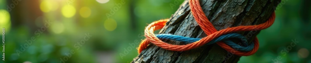 twisted silk thread wrapping around tree trunk, foliage, silk thread ...