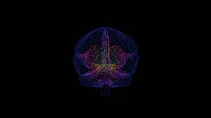 Poster - Complex multi-colored BRAIN data visualization of swirling particles forming a brain-like shape on a black background, evoking a futuristic, conceptual design

