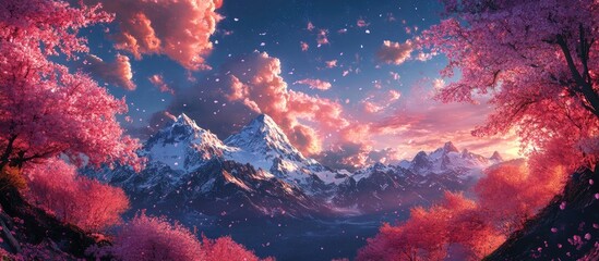 Wall Mural - Serene landscape with vibrant pink cherry blossoms in foreground, majestic snow-capped mountains in background, under a soft pastel sky at sunset.