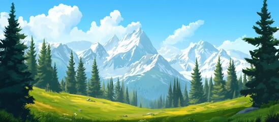 Wall Mural - Mountain landscape with towering snow-capped peaks in the background, vibrant green meadow in the foreground, and tall pine trees flanking the sides.
