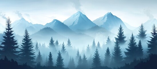 Wall Mural - Misty blue mountain landscape with layered peaks covered in fog and a dense fir forest below creating a serene and tranquil atmosphere