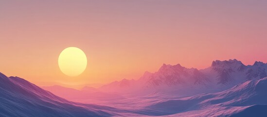 Wall Mural - Panoramic view of sunset over snowcapped mountains with soft pink and orange hues in the sky creating a serene atmosphere on the horizon