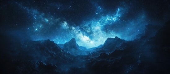 Wall Mural - Vast cosmic landscape with deep blue and black tones featuring rocky mountains beneath a starry sky illuminated by swirling clouds