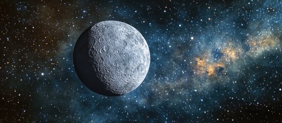 Wall Mural - Realistic depiction of the full moon in a dark night sky with vibrant blue and black cosmic background featuring scattered stars and a nebula.